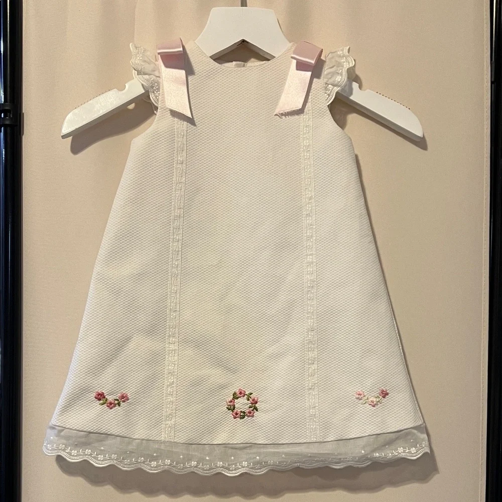 Luli & Me Timeless A Line white pique dress w/pink embroidery and bows size 6M - Picture 1 of 11